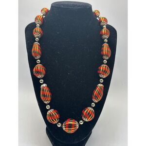 Vintage Scottish Tartan Ribbon Wrapped Bead Necklace Red Black Plaid Silver Caps